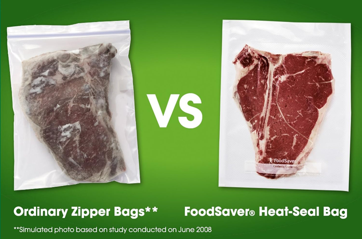 Comparison of raw meat in ordinary zipper bags vs. FoodSaver heat-seal bag on a green background.