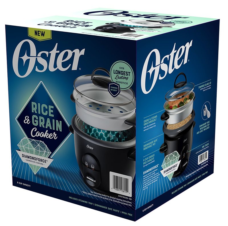 Oster rice and grain cooker packaging with blue and black design
