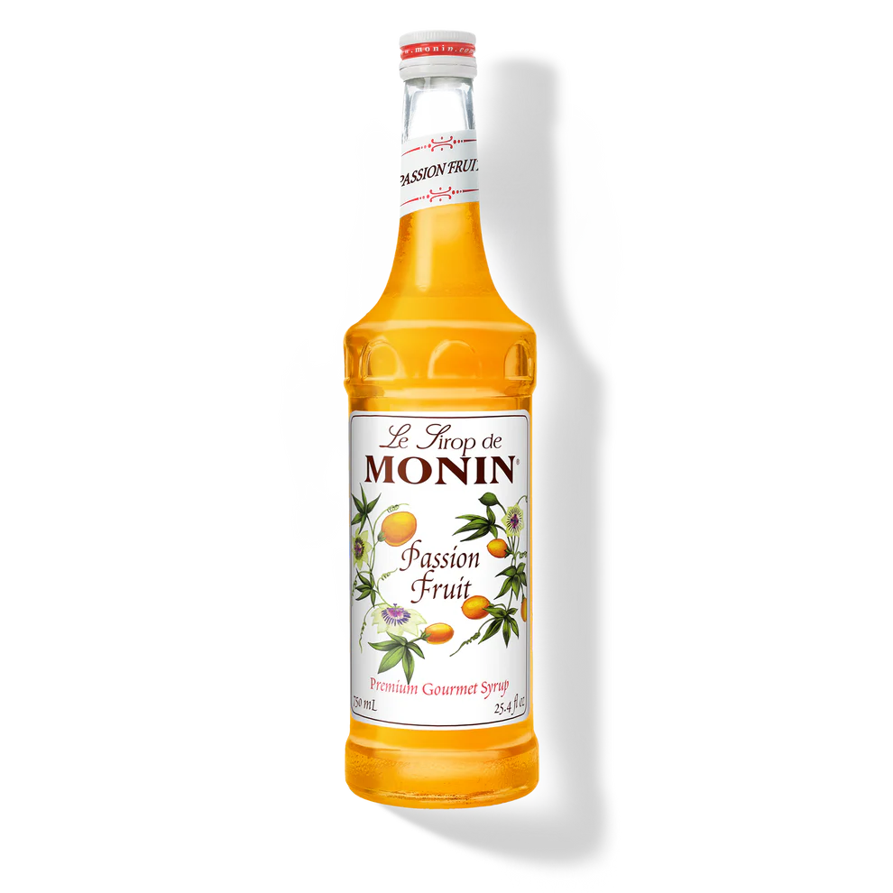 Monin Passion Fruit syrup bottle on a white background