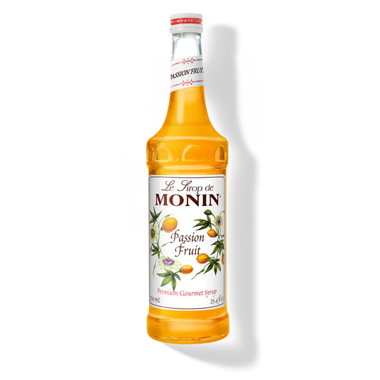 Monin Passion Fruit syrup bottle on a white background