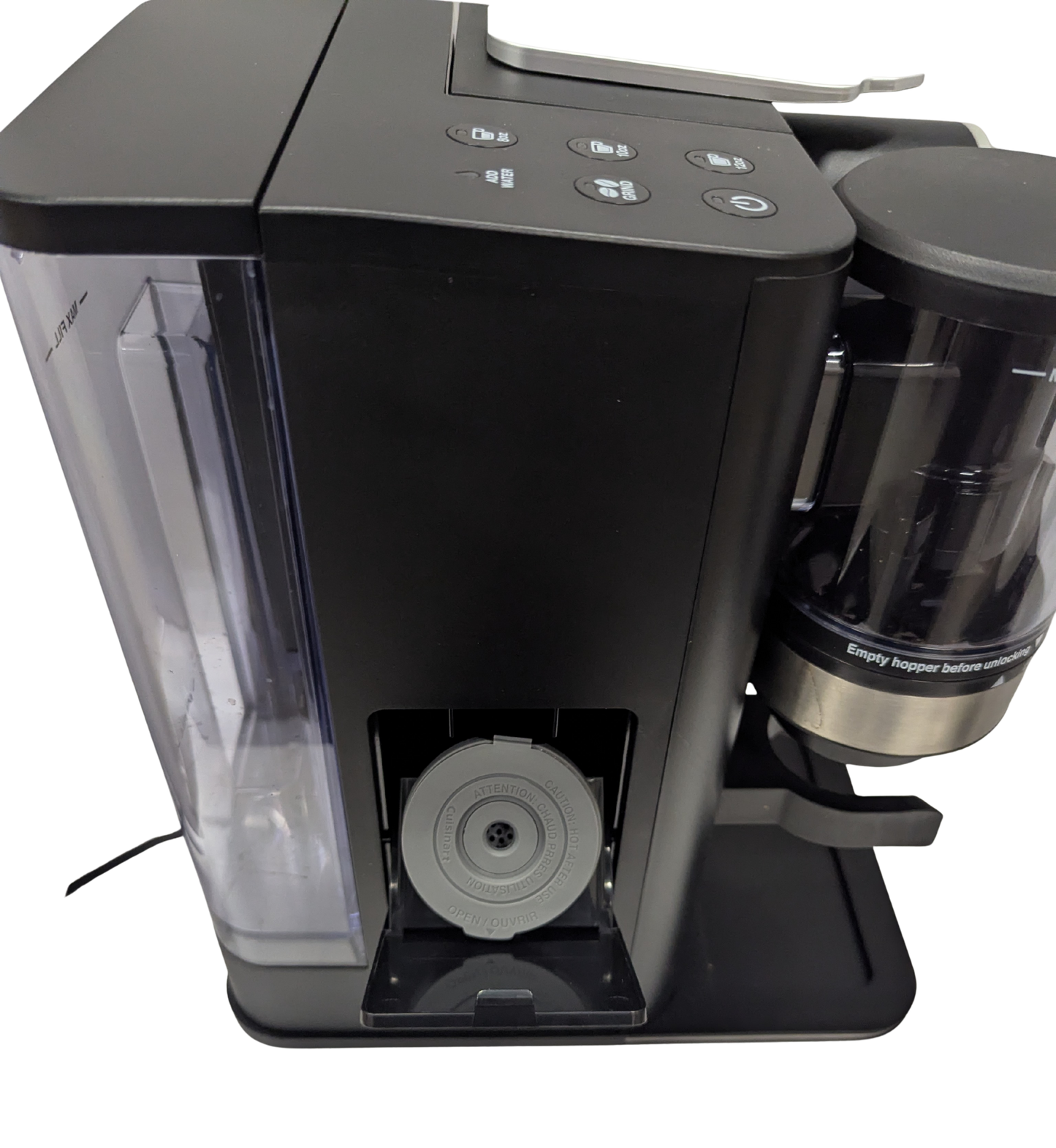 Black coffee machine with transparent water tank on a white background