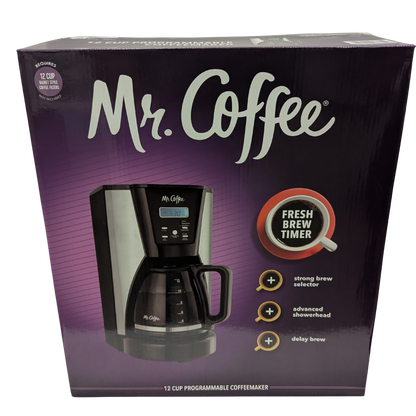 Mr. Coffee coffee maker packaging with a purple background