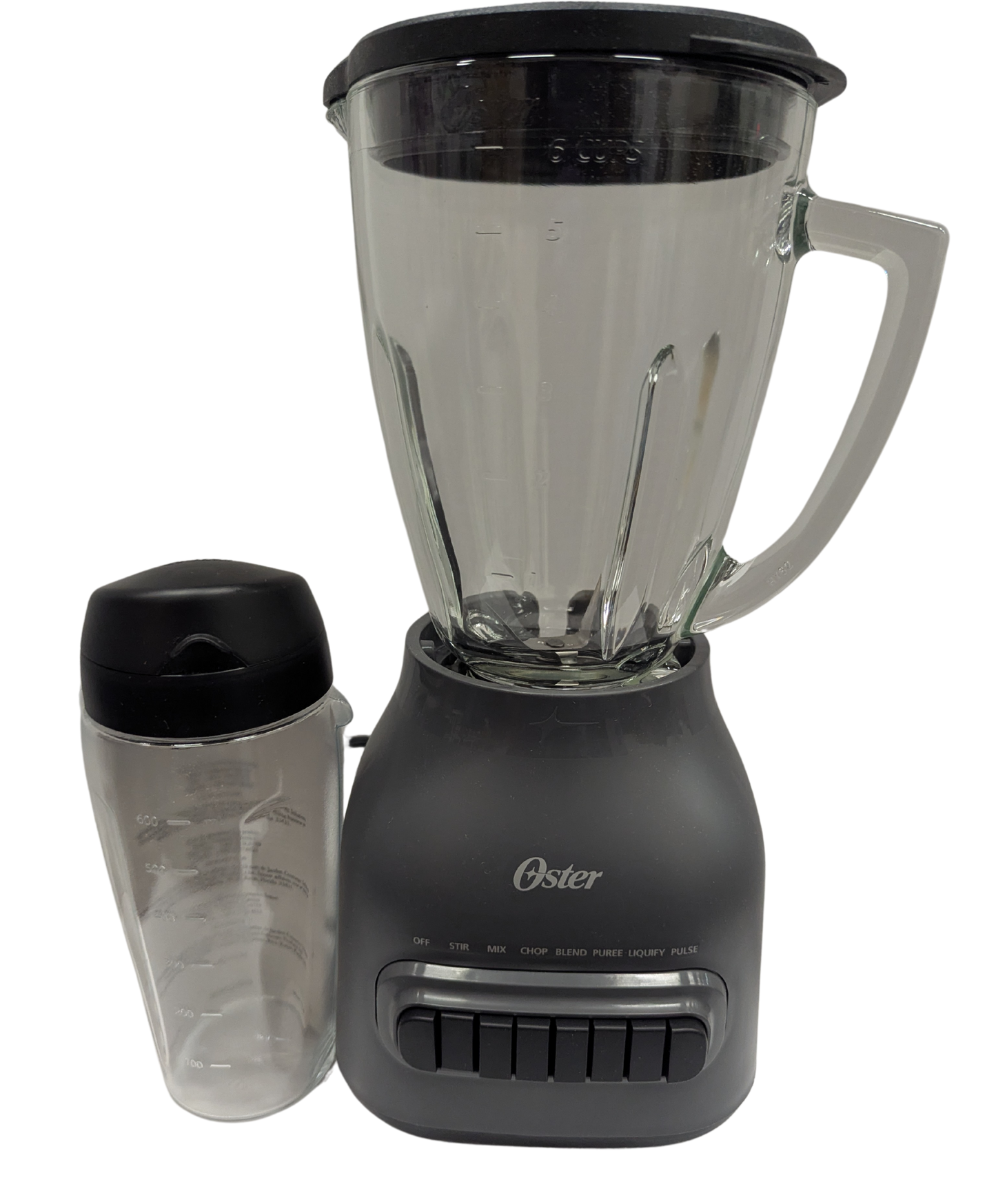 Oster blender with a clear container and black lid on a white background