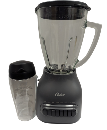 Oster blender with a clear container and black lid on a white background