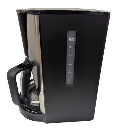 Black coffee maker with digital display on a white background