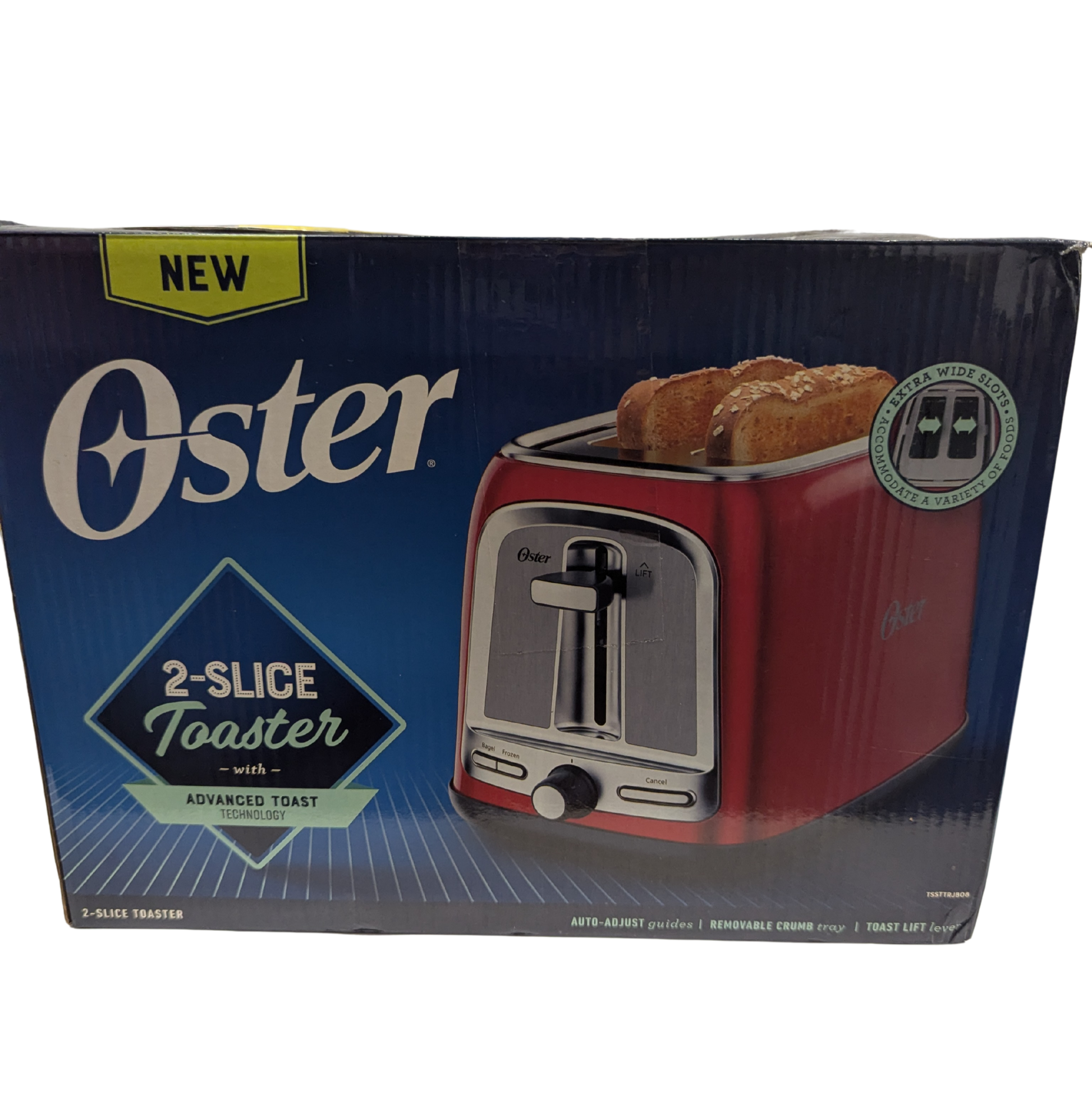 Oster 2-slice toaster packaging on a white background