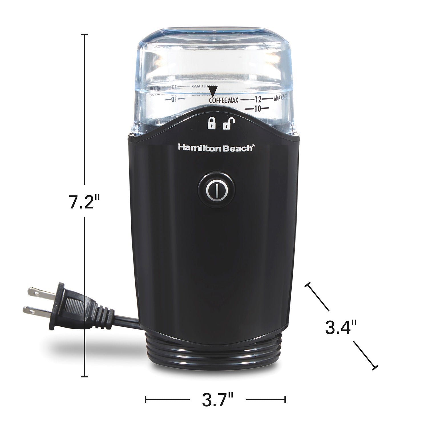 Hamilton Beach coffee grinder with dimensions on a white background