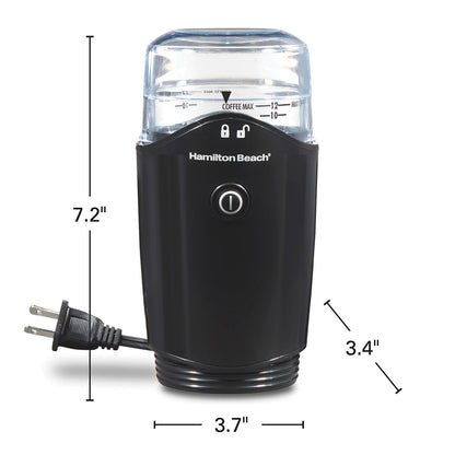 Hamilton Beach coffee grinder with dimensions on a white background