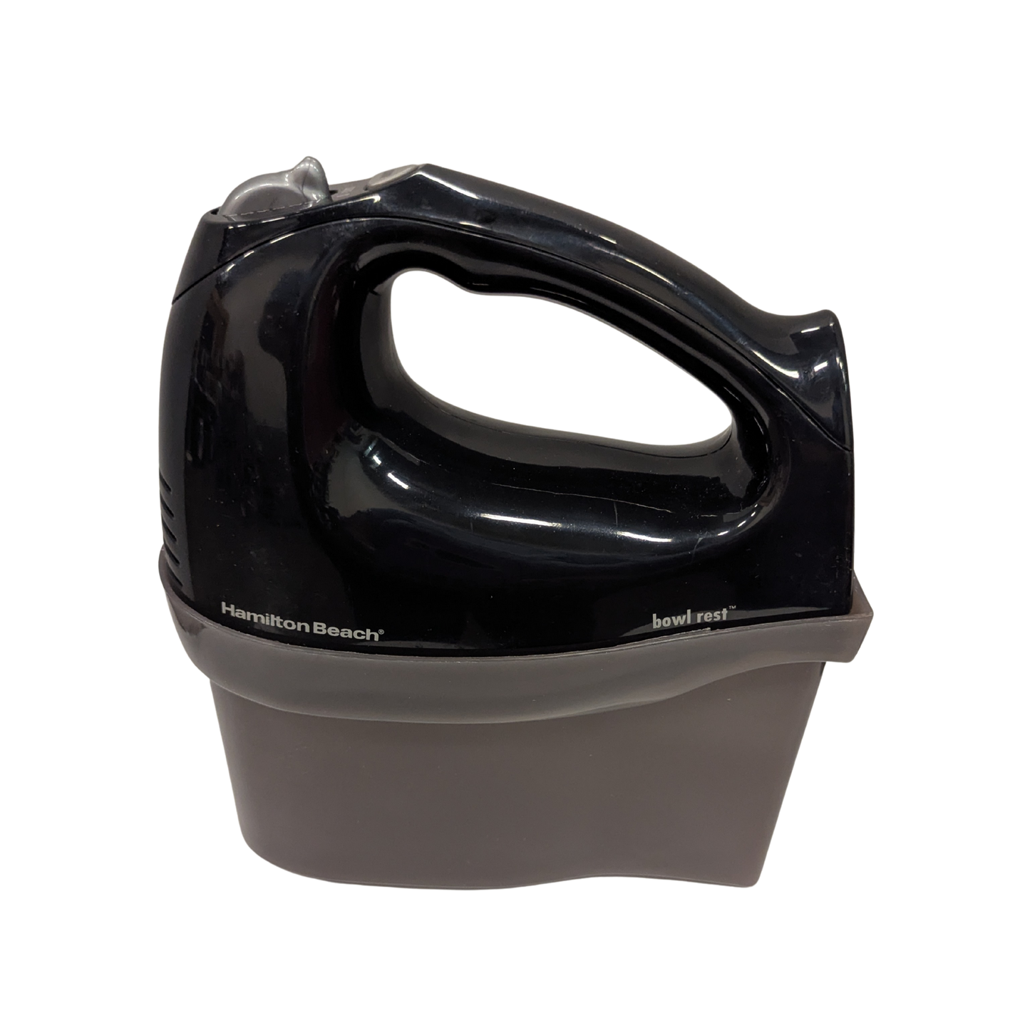Black and gray hand mixer on a white background