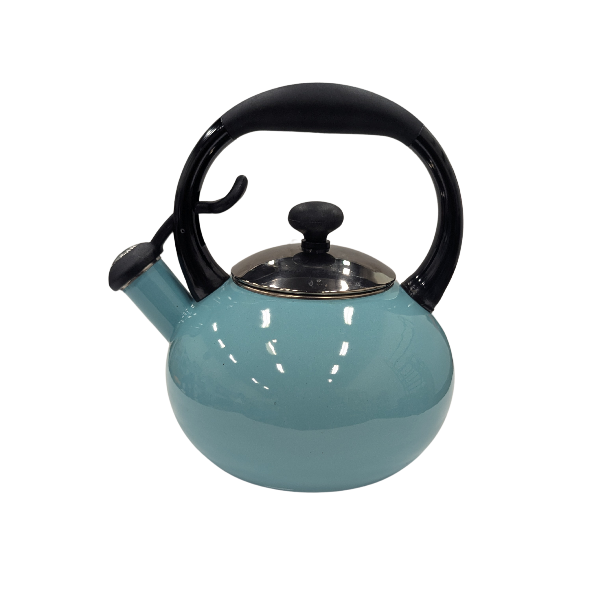 Teal teapot with black handle and lid on a white background