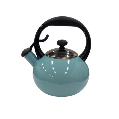 Teal teapot with black handle and lid on a white background