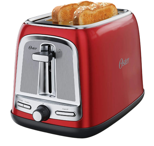 Red Oster toaster with two slices of toast on a white background