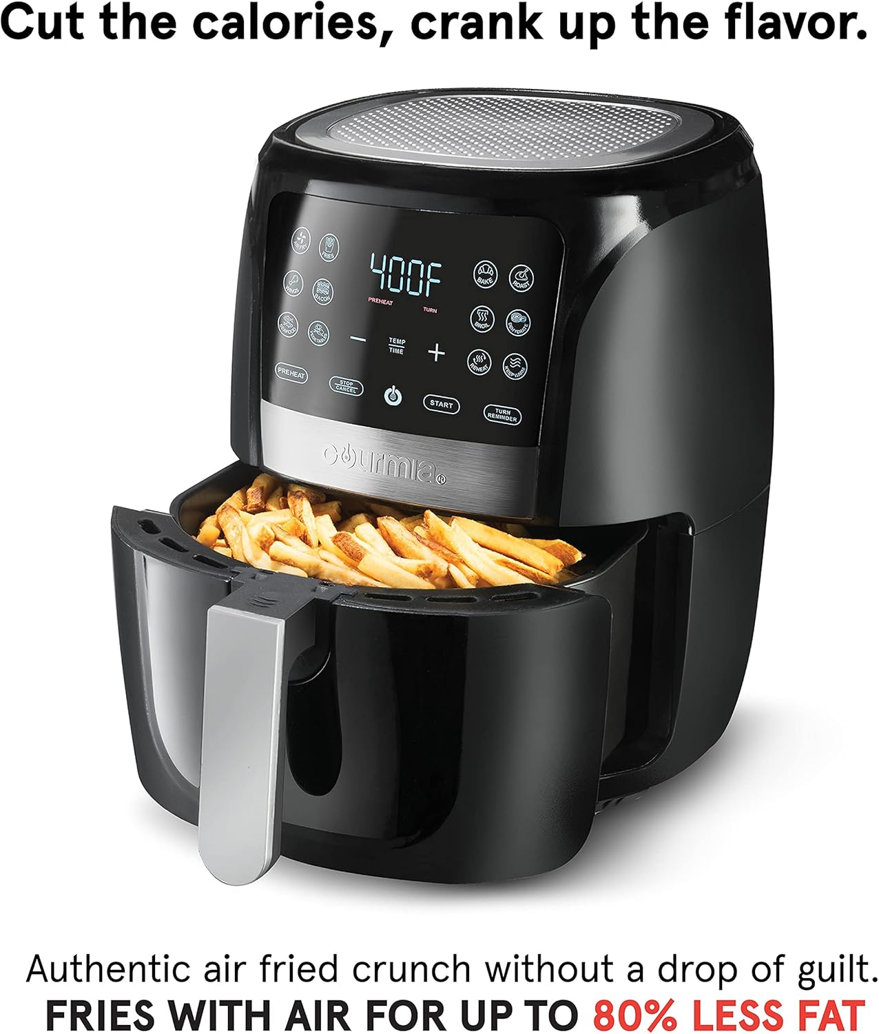 Black air fryer with digital display showing temperature, filled with fries, on a white background.