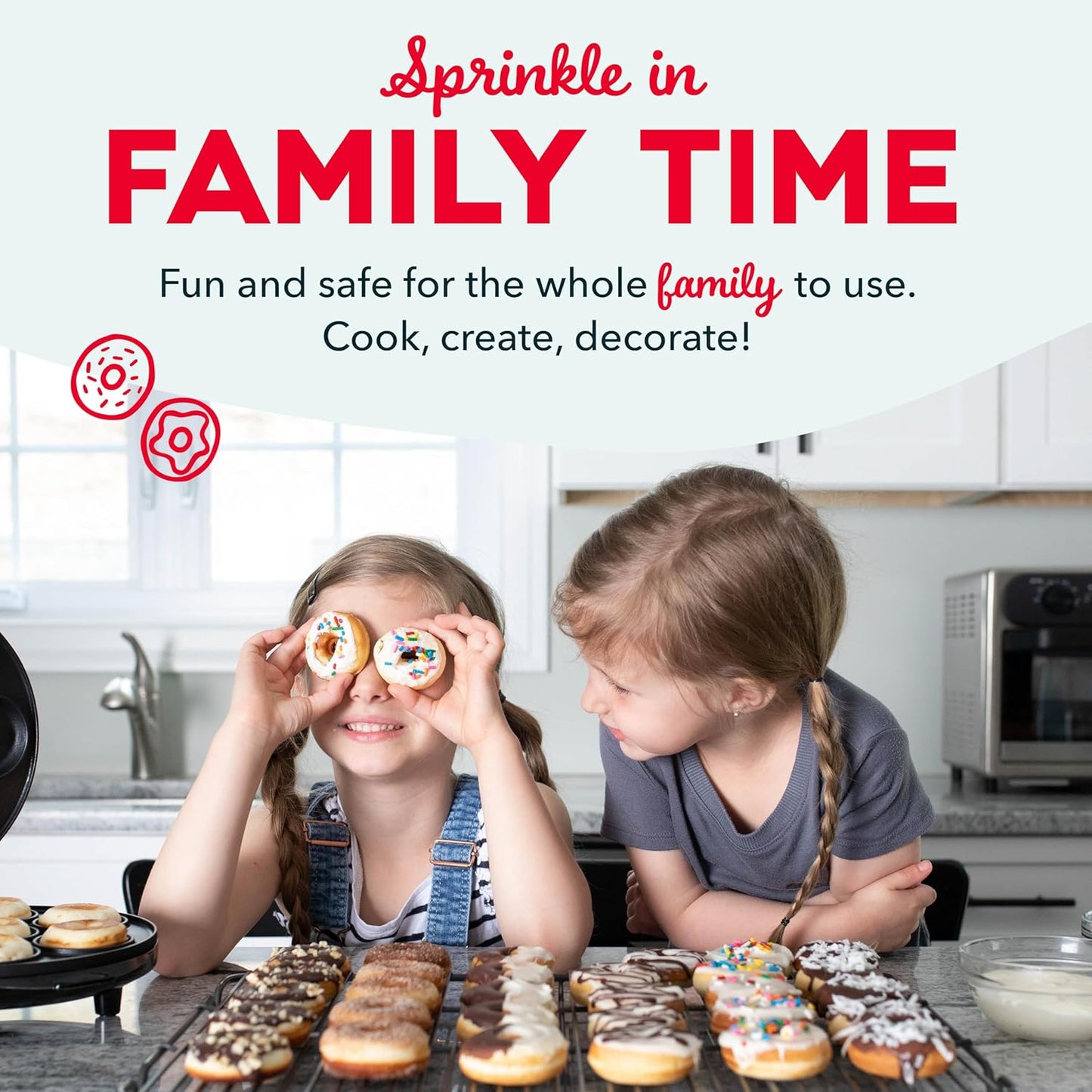 Two children decorating donuts in a kitchen with text about family time and safety.