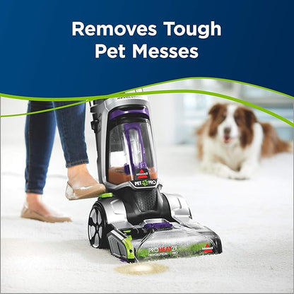 Bissell Pet Pro vacuum cleaning a carpet with a dog in the background, text 'Removes Tough Pet Messes' on a blue background.