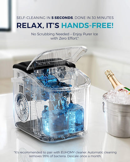 Ice maker with ice cubes and a bottle of champagne on a white surface, with promotional text about self-cleaning feature.