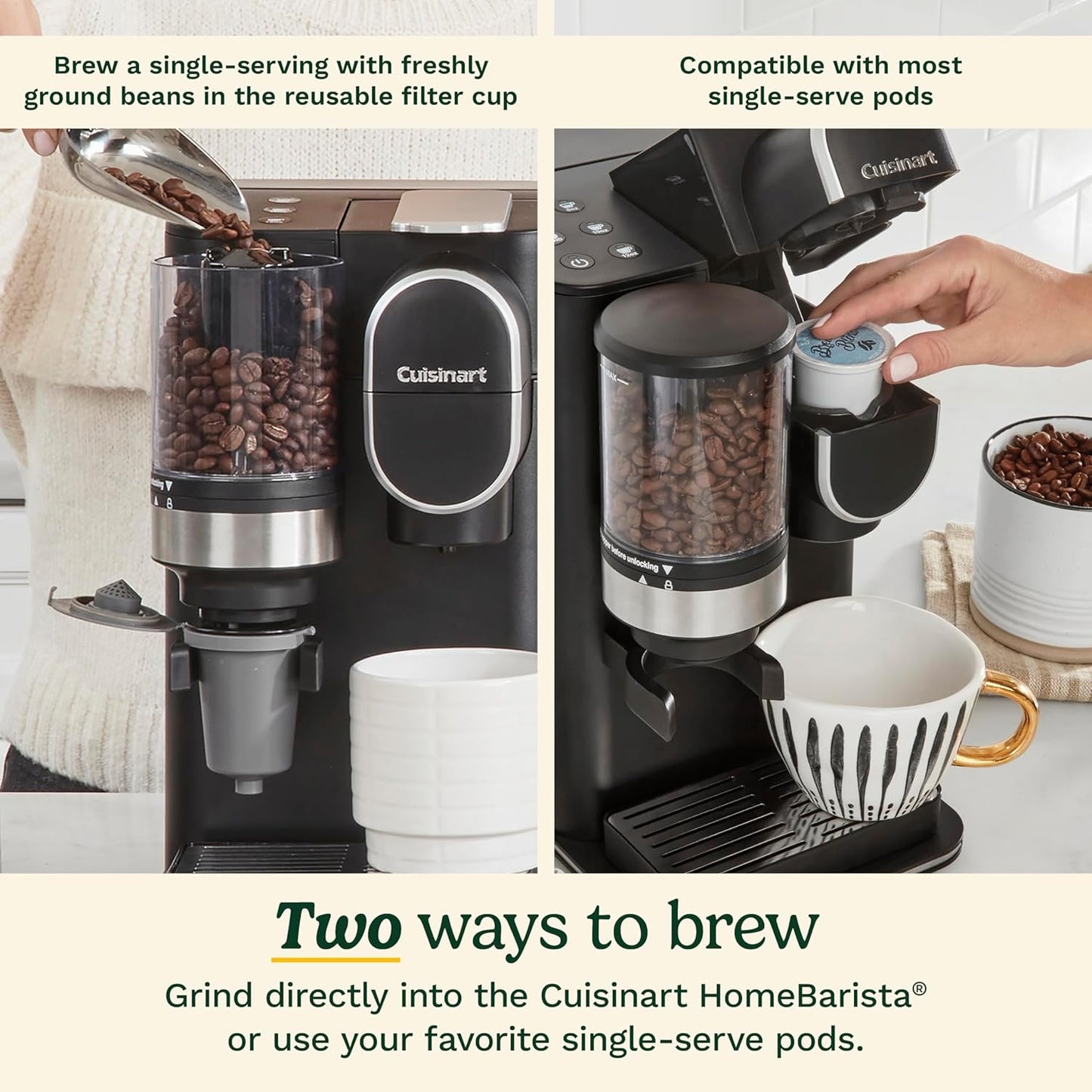 Cuisinart coffee grinder with text highlighting two brewing methods.