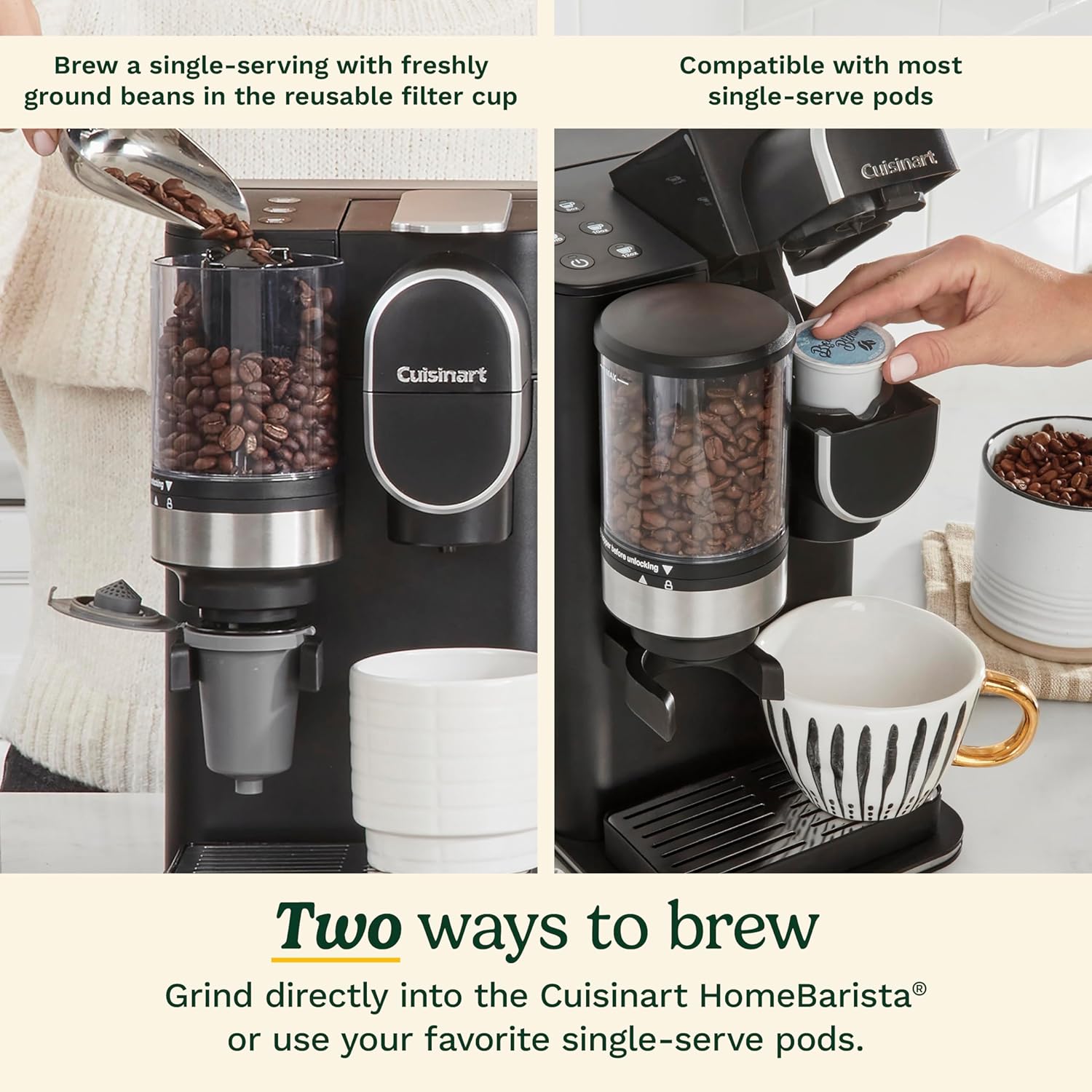Cuisinart coffee grinder with text highlighting two brewing methods.