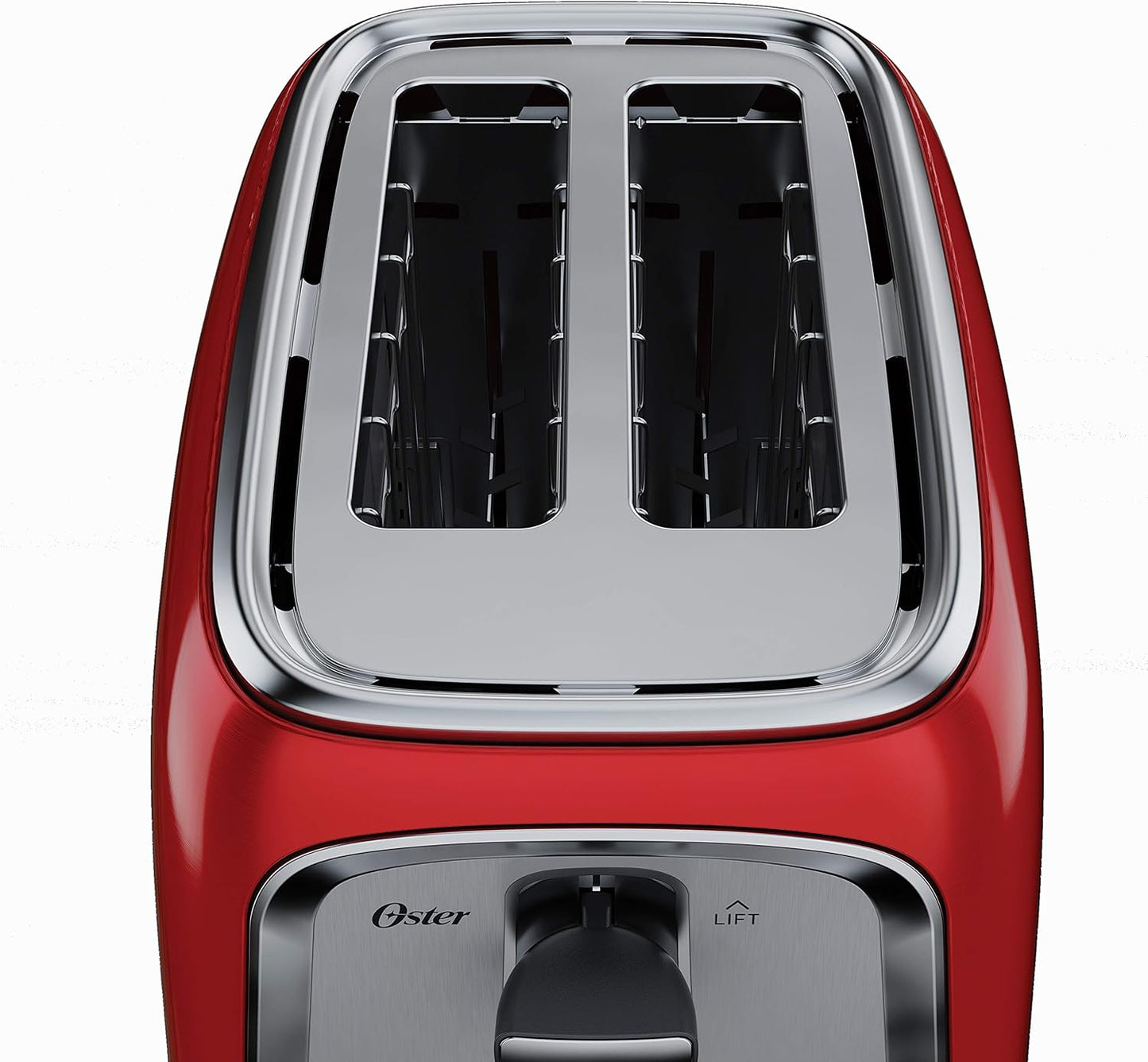 Red toaster with silver top on a white background