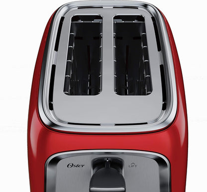 Red toaster with silver top on a white background