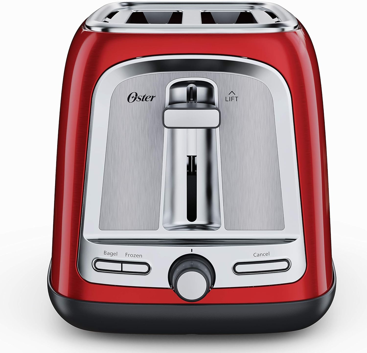 Red toaster with silver accents on a white background