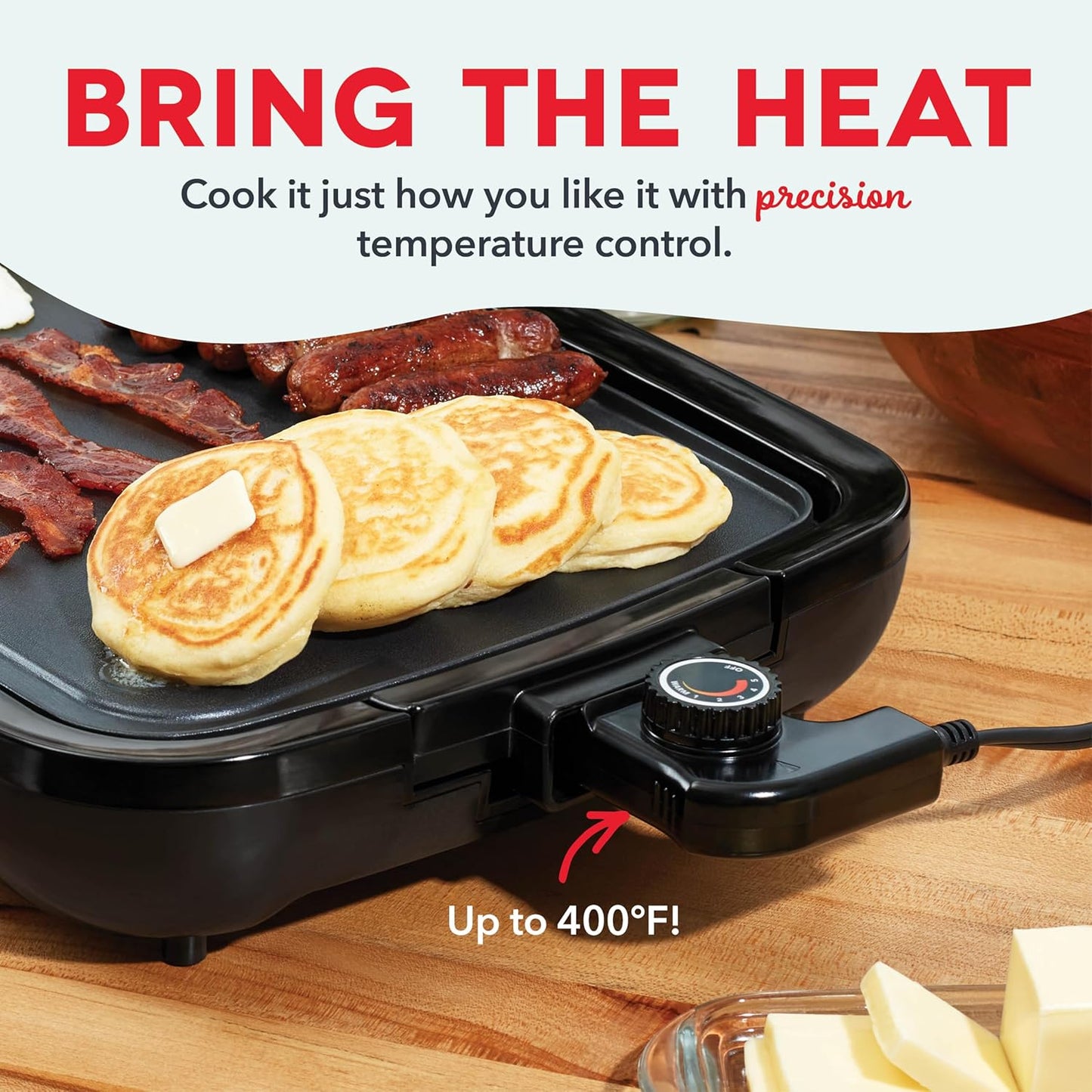 Electric griddle with pancakes, bacon, and cheese on a wooden surface with text about temperature control.