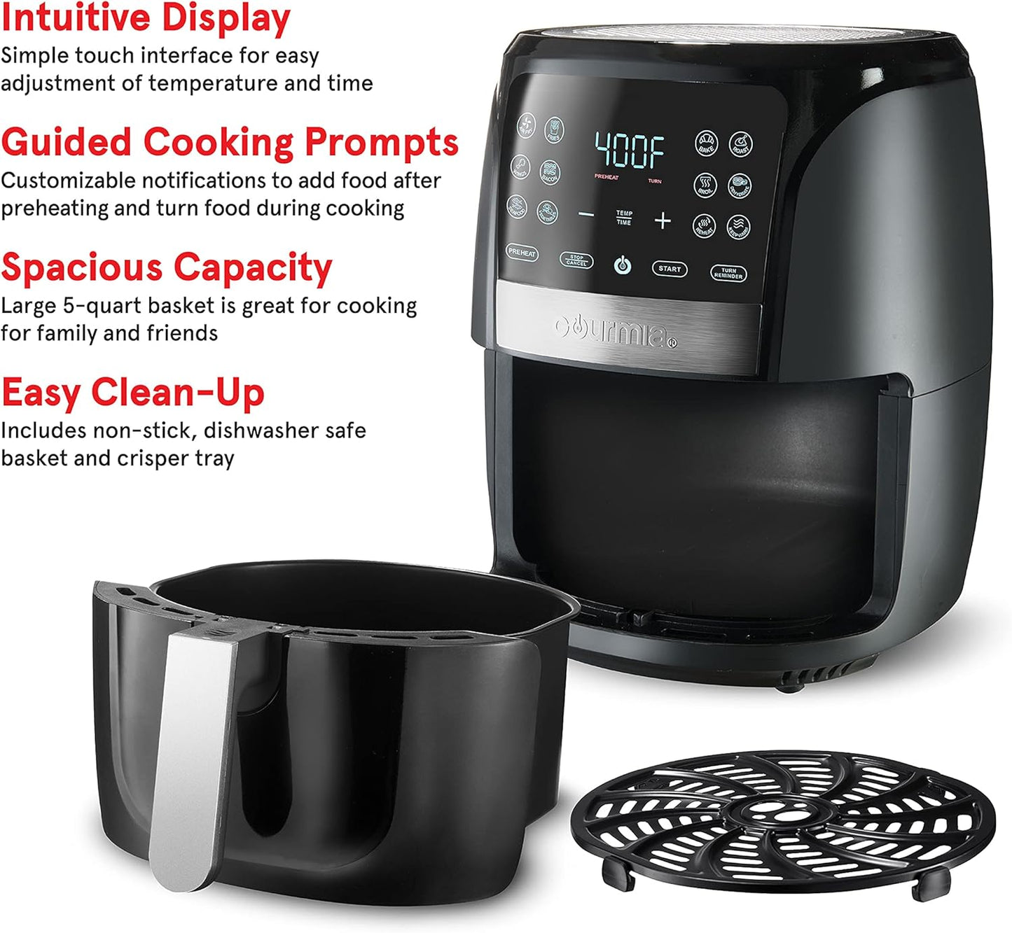 Black air fryer with features listed on a white background