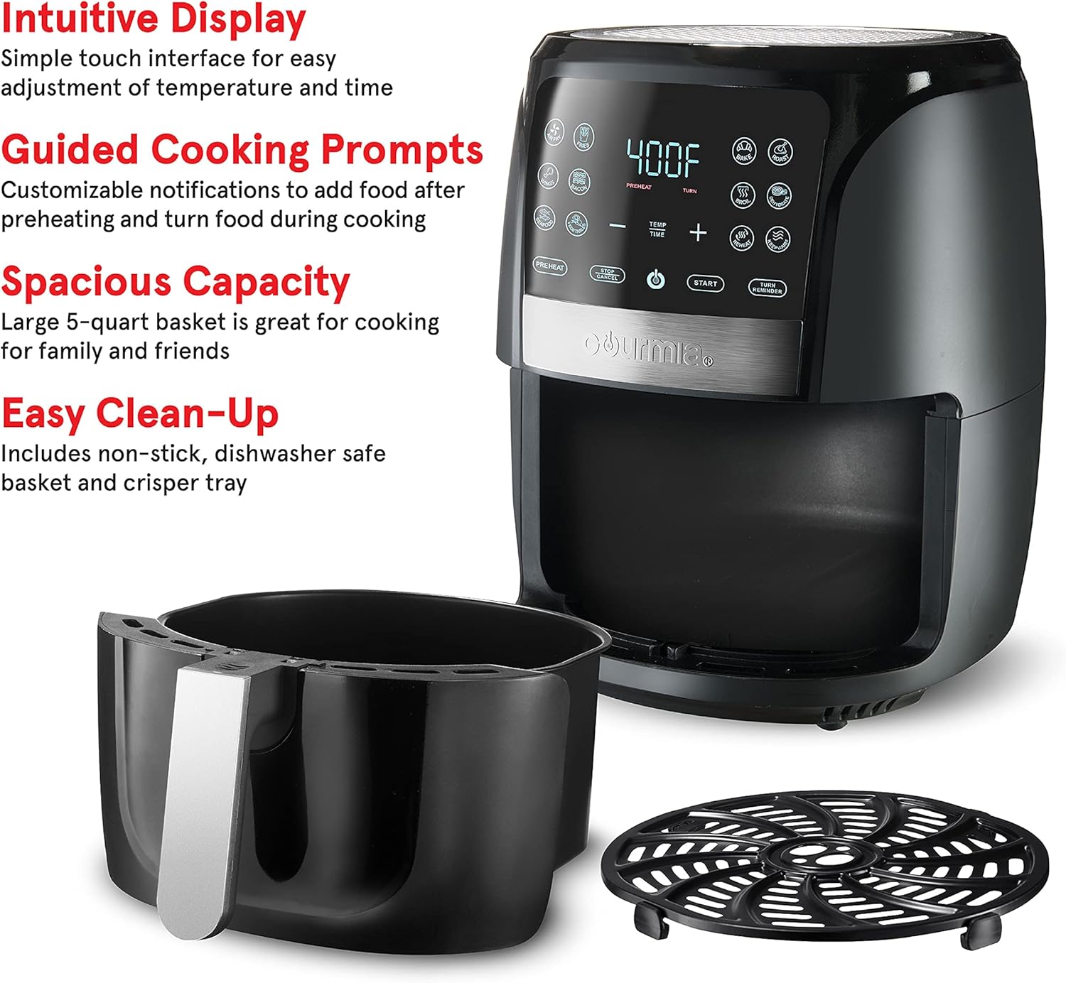 Black air fryer with features listed on a white background