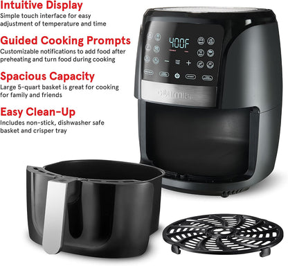 Black air fryer with features listed on a white background