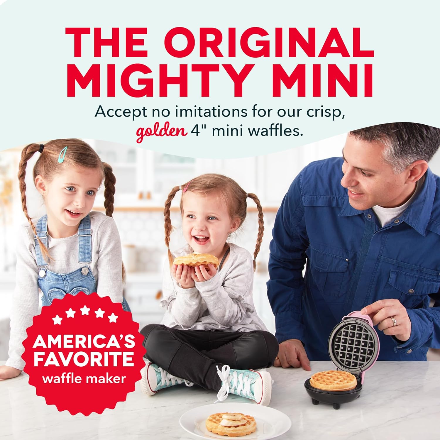Family with children enjoying waffles made by a waffle maker, with text promoting 'The Original Mighty Mini' waffle maker.