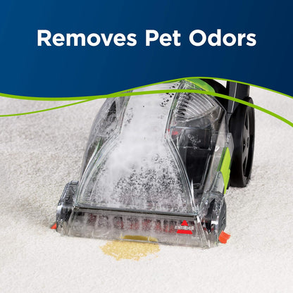 Vacuum cleaner head cleaning a carpet with text 'Removes Pet Odors' on a blue background