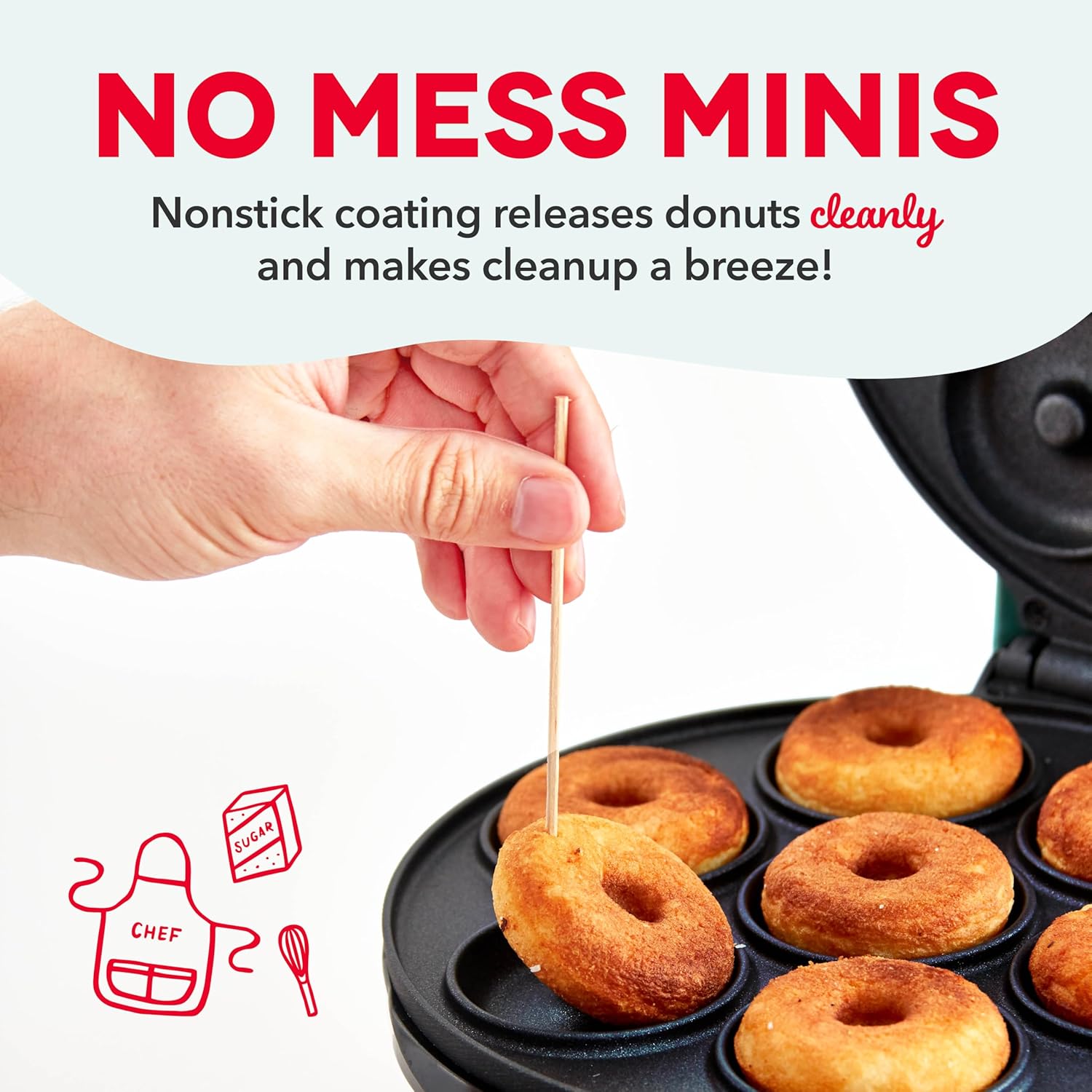Donut maker with mini donuts and text about nonstick coating