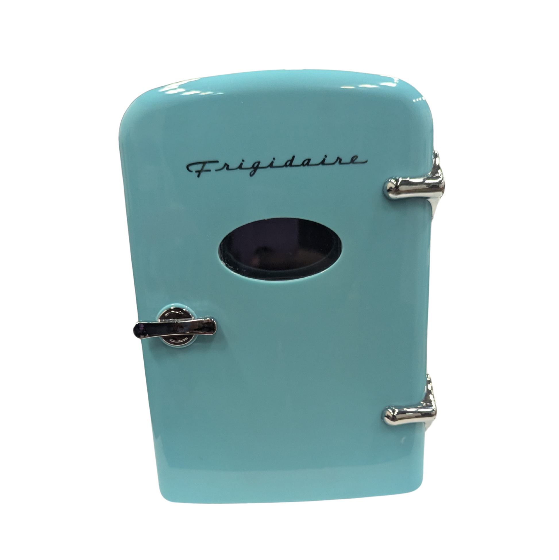 Small turquoise mini fridge with 'Frigidaire' branding on a white background