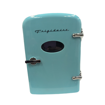 Small turquoise mini fridge with 'Frigidaire' branding on a white background