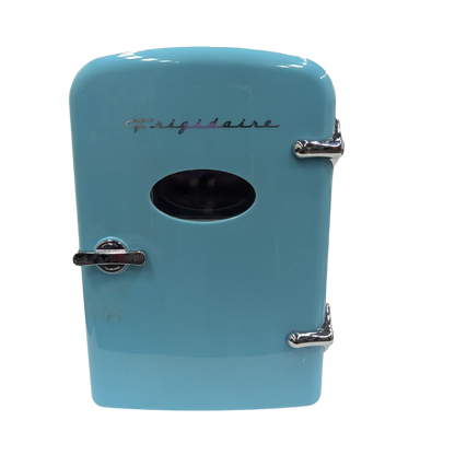 Small blue cooler with 'Frigidaire' branding on a white background
