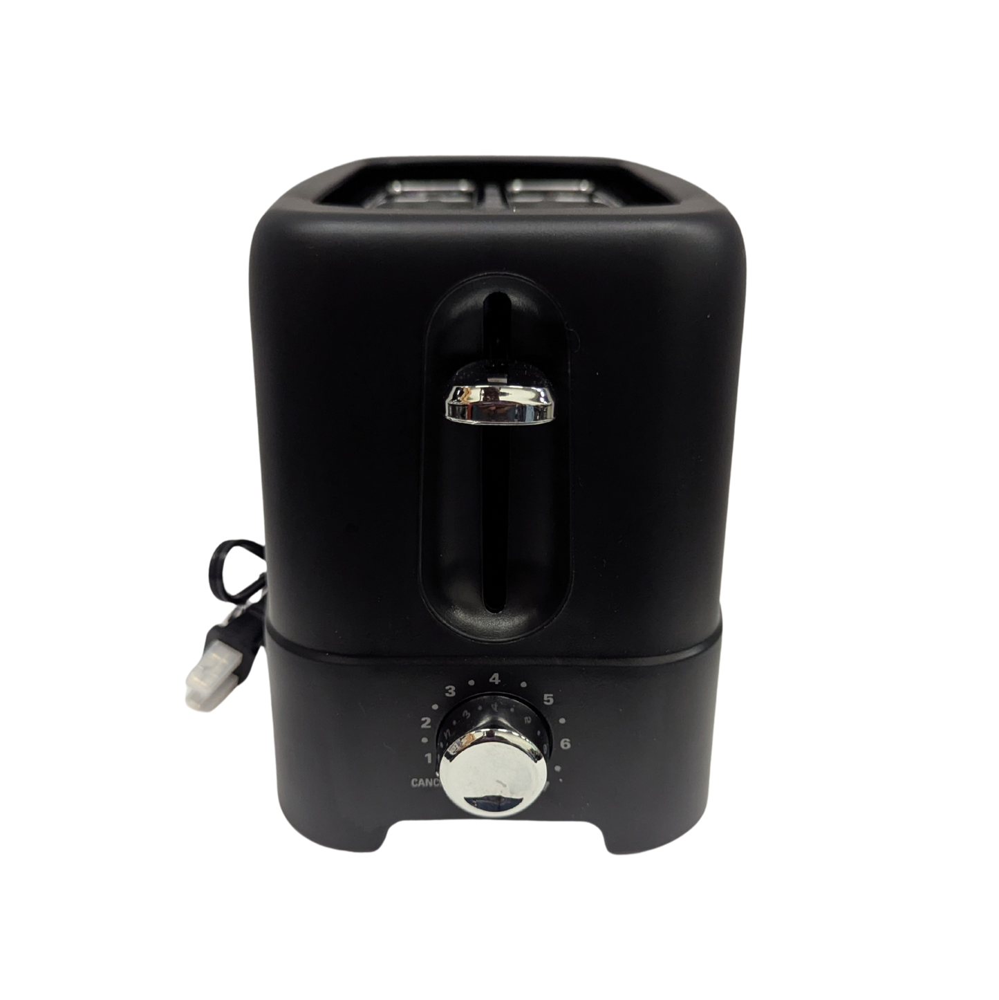 Black toaster with USB ports on a white background