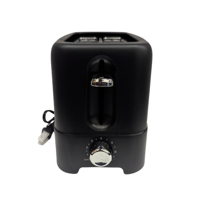 Black toaster with USB ports on a white background