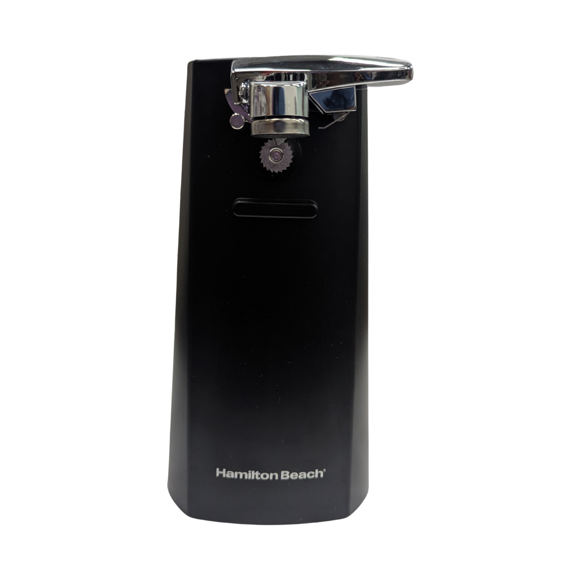 Black Hamilton Beach can opener on a white background
