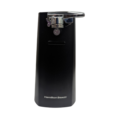Black Hamilton Beach can opener on a white background