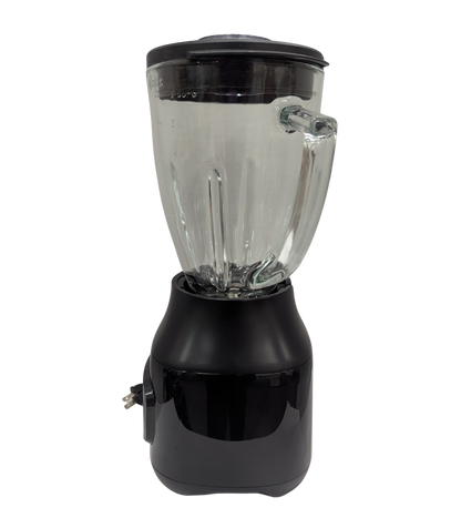 Black blender with clear container on a white background