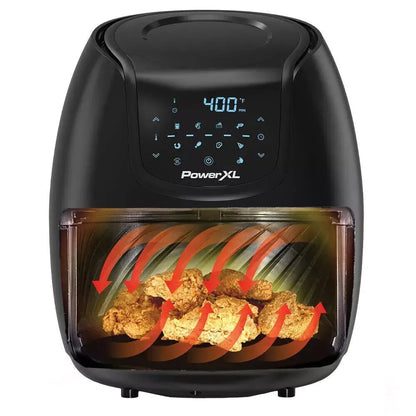 Black PowerXL air fryer with digital display and food inside, showing heat circulation.