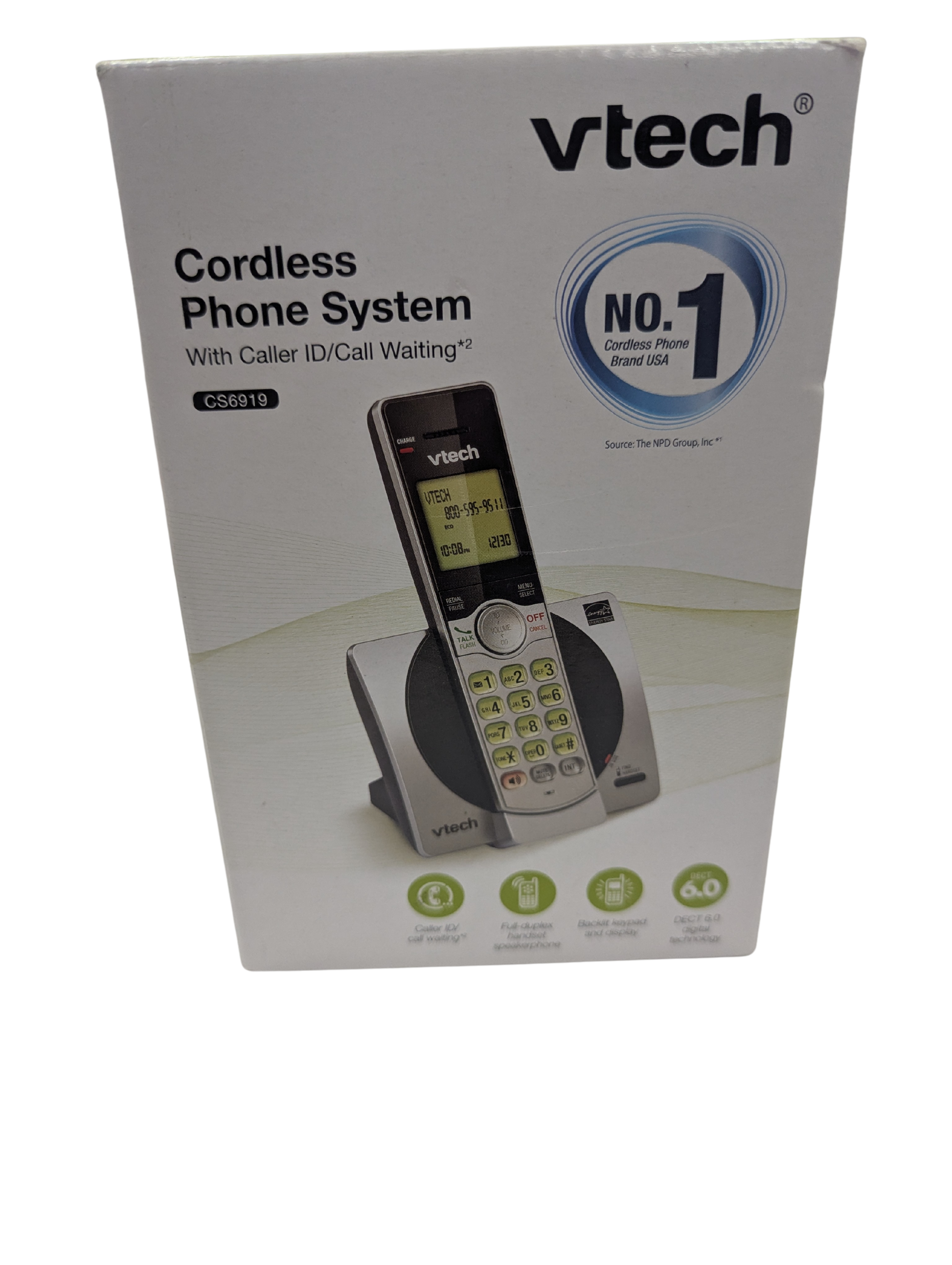 Vtech cordless phone system packaging on a white background