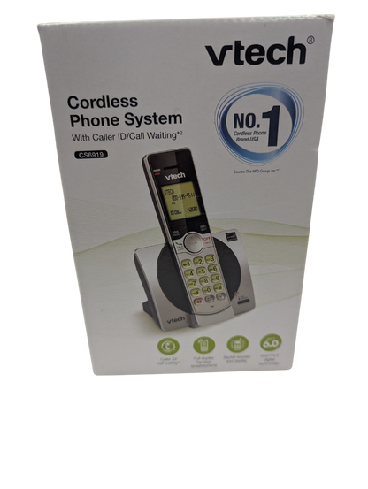 Vtech cordless phone system packaging on a white background