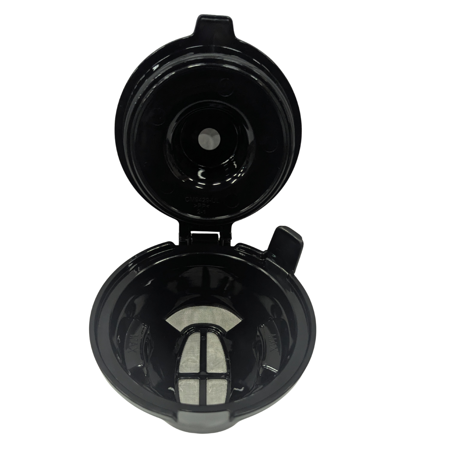 Black coffee filter with a white mesh on a white background