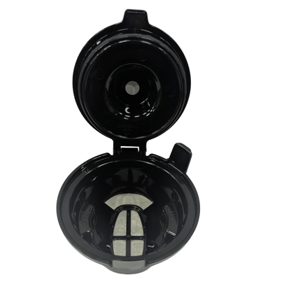 Black coffee filter with a white mesh on a white background