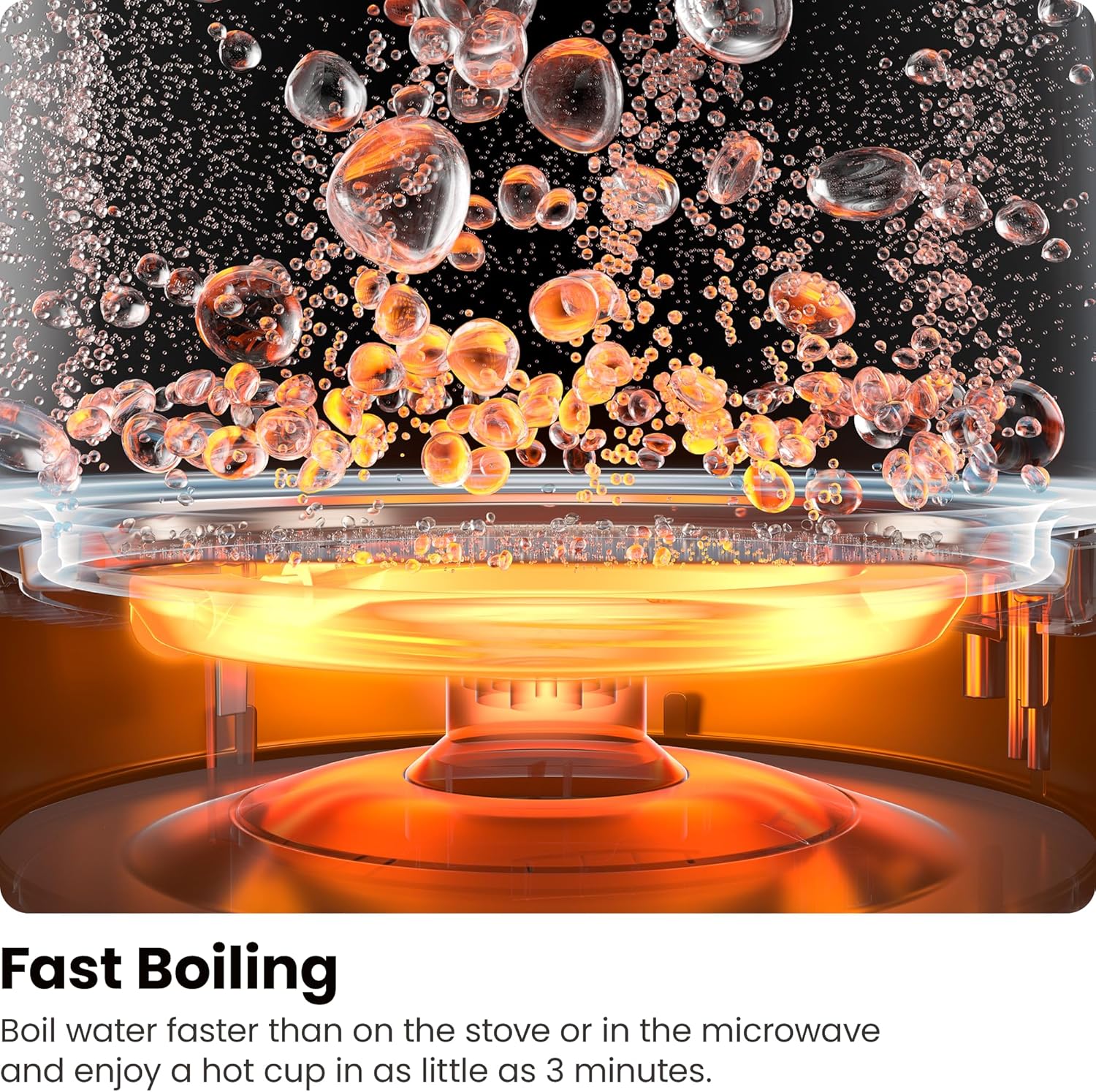 Microwave interior with boiling water and bubbles, labeled 'Fast Boiling'.