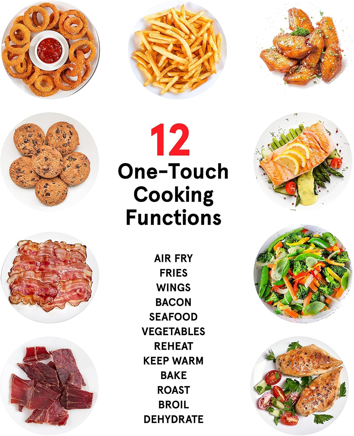 Assorted food items on plates with text about one-touch cooking functions on a white background.