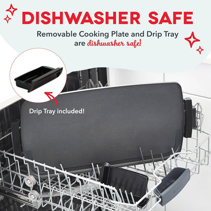Dishwasher with a removable cooking plate and drip tray, labeled as dishwasher safe.