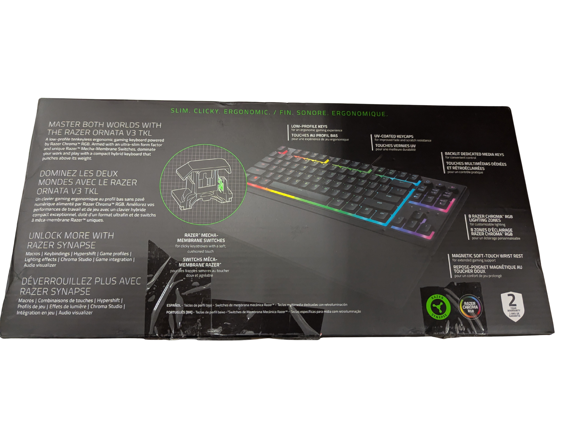 Razer keyboard packaging with product image and text on a white background