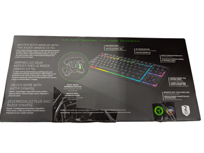 Razer keyboard packaging with product image and text on a white background